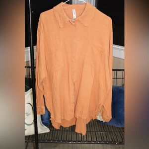Zanana Rust Gauze Button-Down Top | Raw Hem Boho Lightweight Shirt